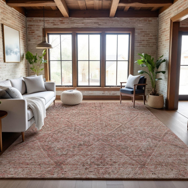 HomeRoots 9' X 12' Pink and Beige Moroccan Area Rug - Washable, Durable, Stain Resistant with UV Protection 686788