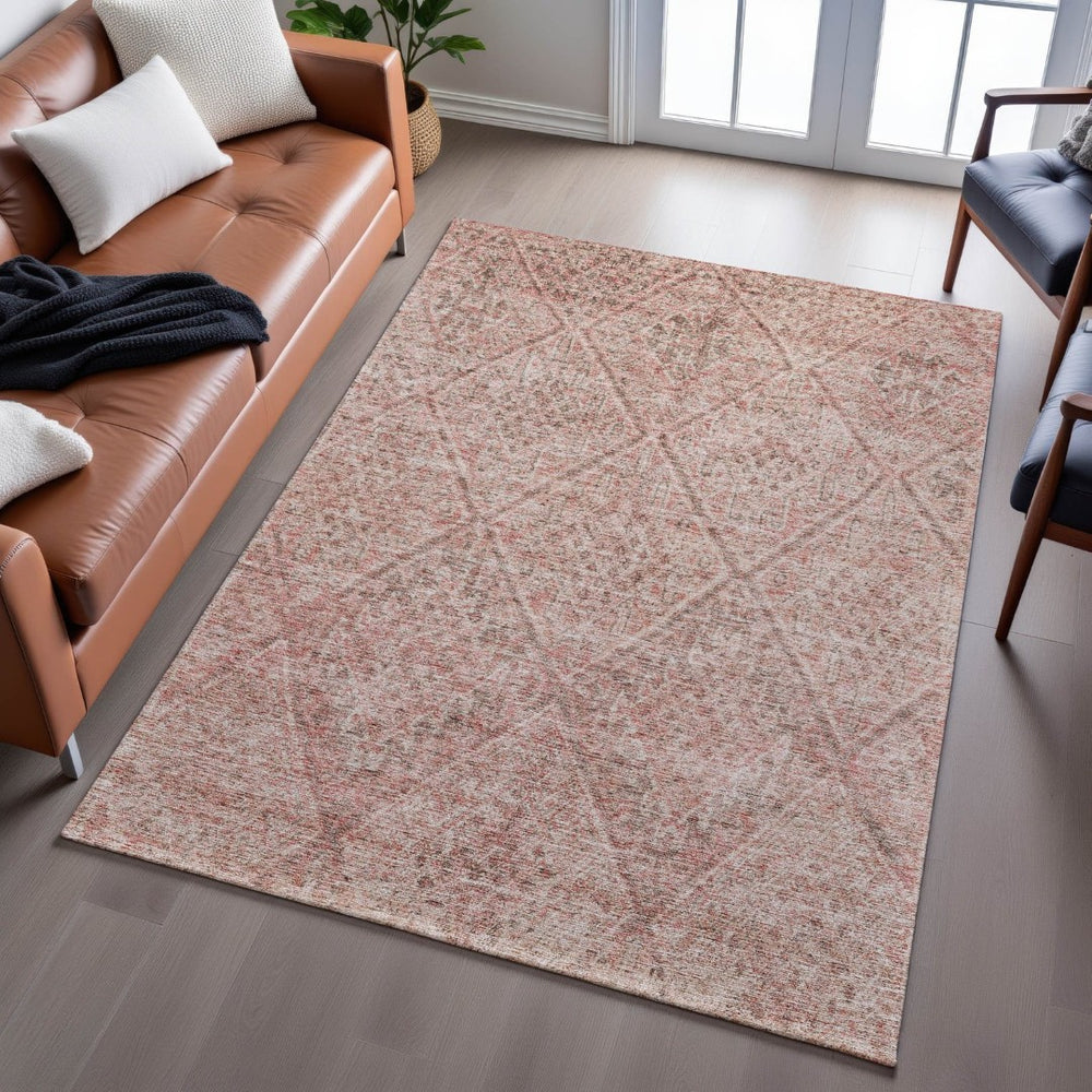 HomeRoots 9' X 12' Pink and Beige Moroccan Area Rug - Washable, Durable, Stain Resistant with UV Protection 686788