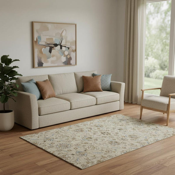 HomeRoots 5' X 8' Moroccan Washable Area Rug in Beige, Gray & Ivory - Stain-Resistant with UV Protection 686791