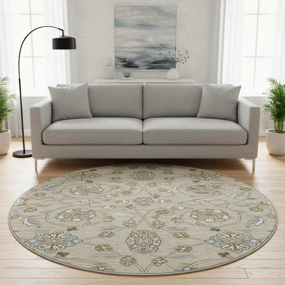 HomeRoots 8' Beige Gray and Ivory Moroccan Round Rug - Washable, UV-Protected, Non-Slip for Active Homes 686792