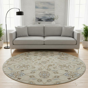HomeRoots 8' Beige Gray and Ivory Moroccan Round Rug - Washable, UV-Protected, Non-Slip for Active Homes 686792