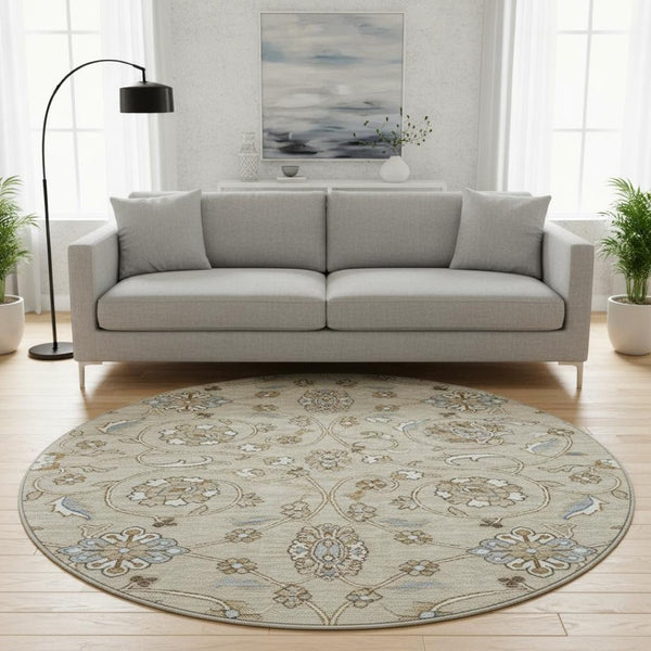 HomeRoots 8' Beige Gray and Ivory Moroccan Round Rug - Washable, UV-Protected, Non-Slip for Active Homes 686792