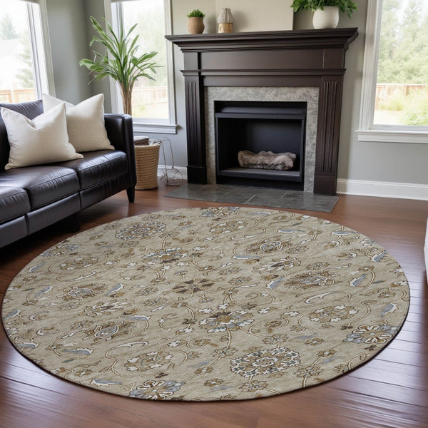 HomeRoots 8' Beige Gray and Ivory Moroccan Round Rug - Washable, UV-Protected, Non-Slip for Active Homes 686792