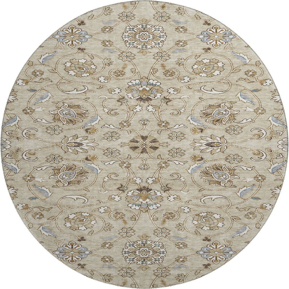 HomeRoots 8' Beige Gray and Ivory Moroccan Round Rug - Washable, UV-Protected, Non-Slip for Active Homes 686792