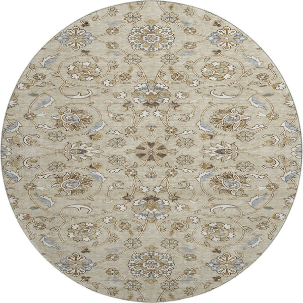 HomeRoots 8' Beige Gray and Ivory Moroccan Round Rug - Washable, UV-Protected, Non-Slip for Active Homes 686792