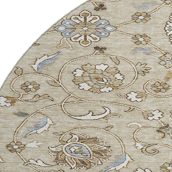 HomeRoots 8' Beige Gray and Ivory Moroccan Round Rug - Washable, UV-Protected, Non-Slip for Active Homes 686792