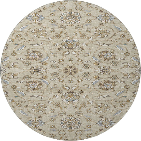 HomeRoots 8' Beige Gray and Ivory Moroccan Round Rug - Washable, UV-Protected, Non-Slip for Active Homes 686792