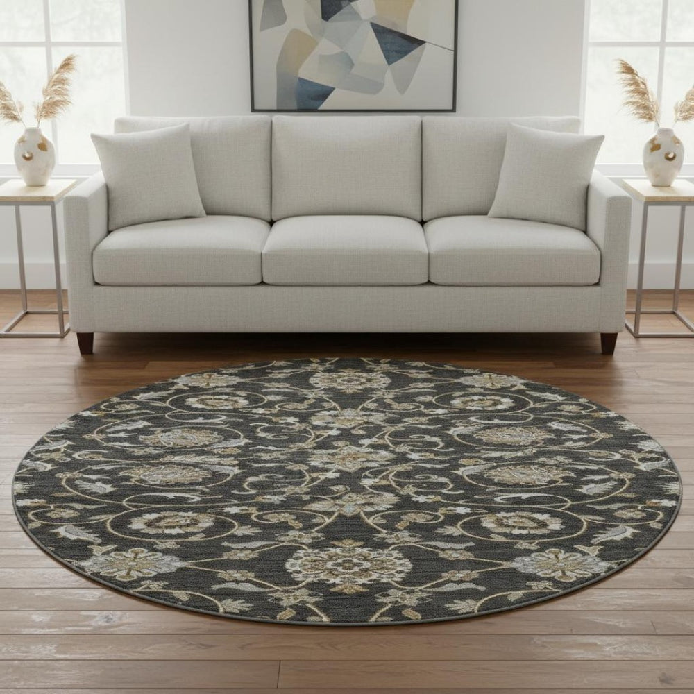 HomeRoots 8' Stylish Black Ivory Gray Moroccan Round Rug - Washable, UV Protected, Perfect for Busy Homes! 686798