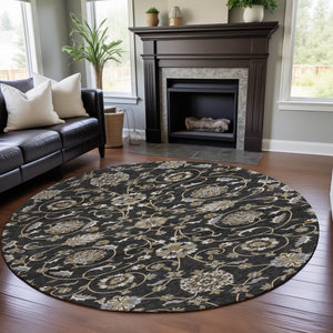 HomeRoots 8' Stylish Black Ivory Gray Moroccan Round Rug - Washable, UV Protected, Perfect for Busy Homes! 686798