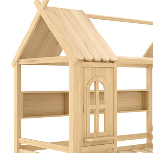 English Elm Twin House Platform Bed with Drawers & Shelves, Solid Wood Playhouse Frame for Kids, Cozy Design Natural W1580S00266