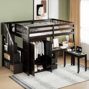 English Elm Queen Murphy Bed with Integrated Desk Cabinet Shelves Space Saving Studio Solution Espresso N708S00014P