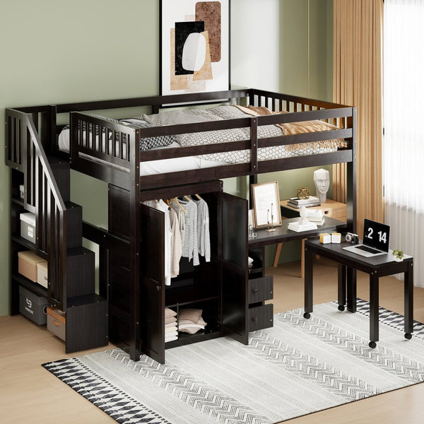English Elm Queen Murphy Bed with Integrated Desk Cabinet Shelves Space Saving Studio Solution Espresso N708S00014P