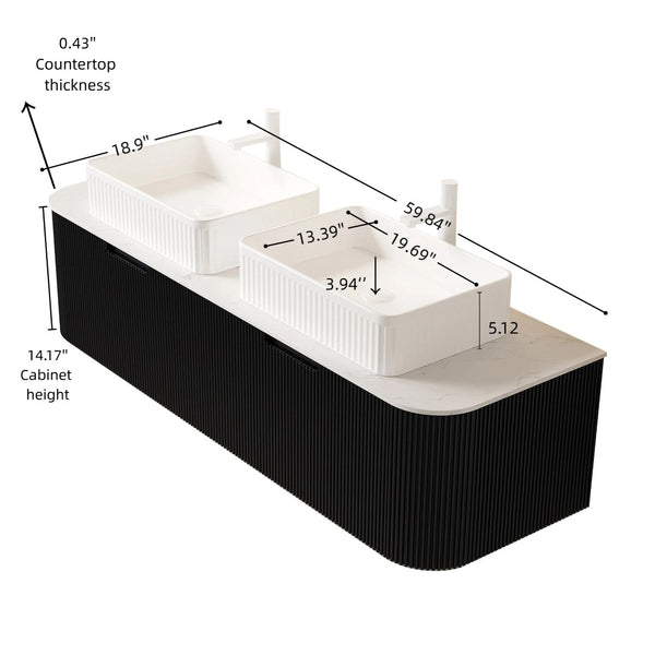 English Elm Dina 60 Inch Floating Bathroom Vanity Sintered Stone Top Dual Glass Basins Wood Grain Black,White W2615S00172