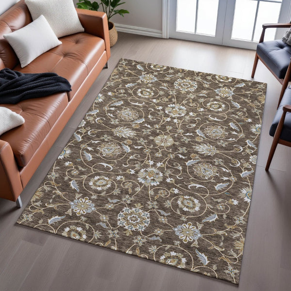 HomeRoots 5' X 8' Moroccan Washable Area Rug in Chocolate, Ivory & Gray with UV Protection for High-Traffic Areas 686803