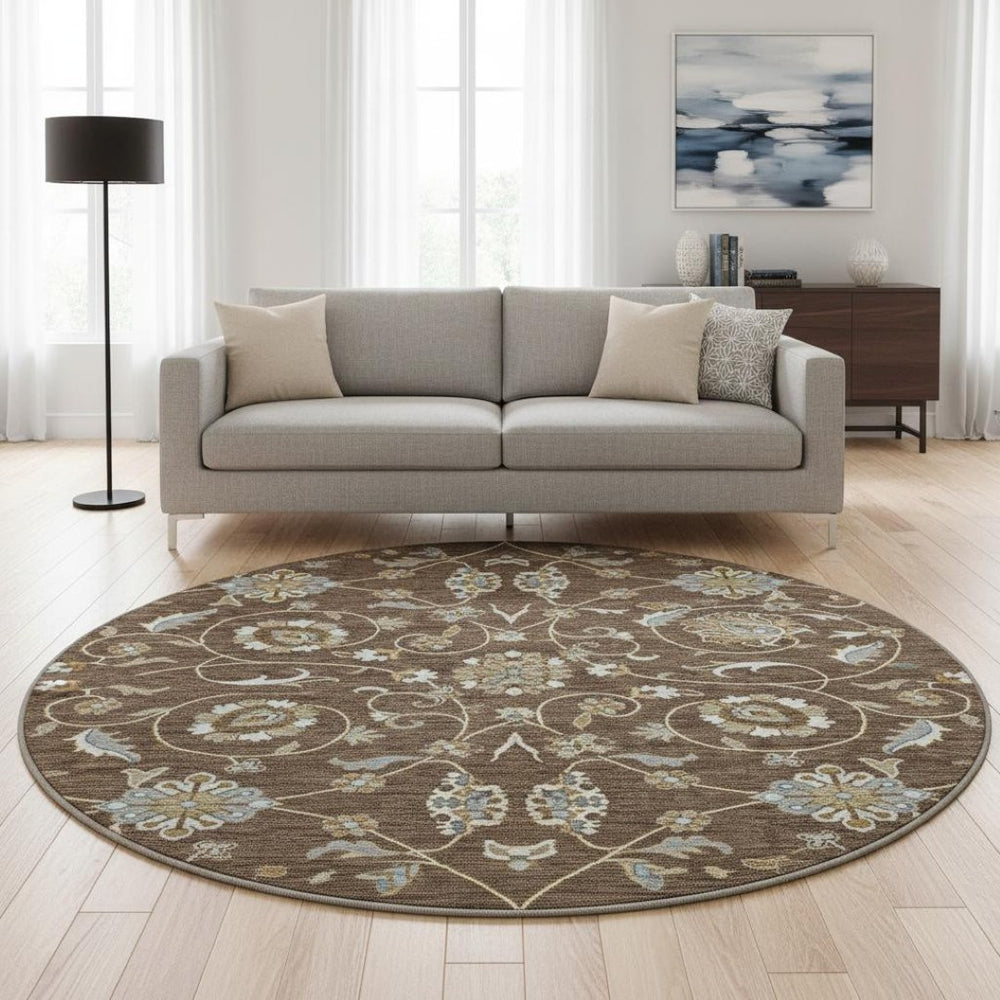 HomeRoots 8' Chocolate Ivory and Gray Washable Round Moroccan Rug, UV Protected, Stain Resistant, Durable Design 686804