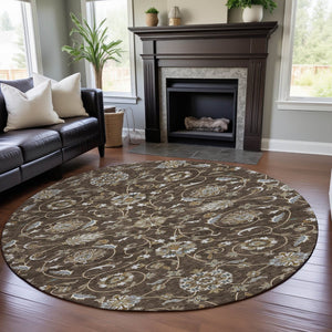 HomeRoots 8' Chocolate Ivory and Gray Washable Round Moroccan Rug, UV Protected, Stain Resistant, Durable Design 686804
