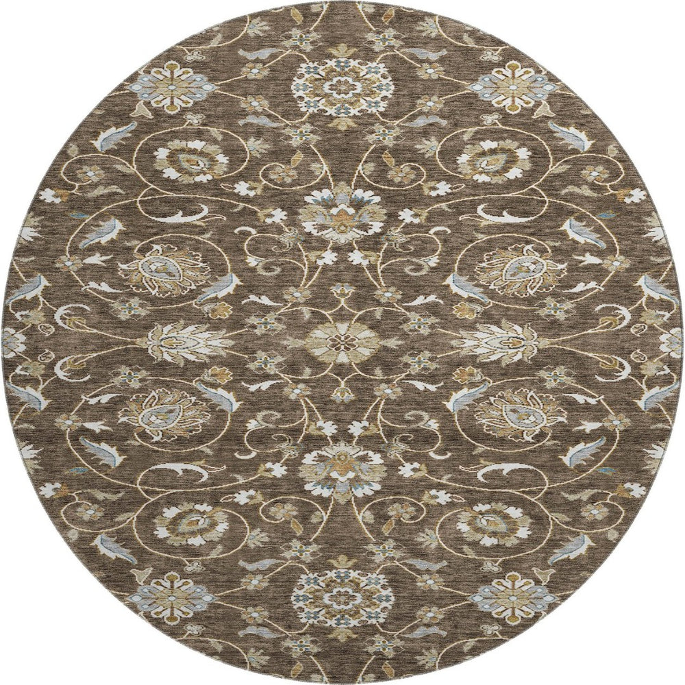 HomeRoots 8' Chocolate Ivory and Gray Washable Round Moroccan Rug, UV Protected, Stain Resistant, Durable Design 686804