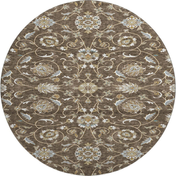 HomeRoots 8' Chocolate Ivory and Gray Washable Round Moroccan Rug, UV Protected, Stain Resistant, Durable Design 686804