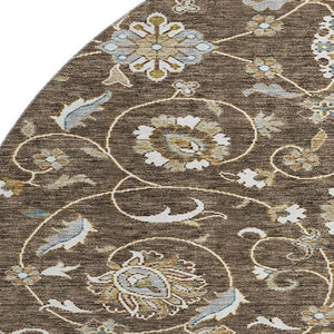 HomeRoots 8' Chocolate Ivory and Gray Washable Round Moroccan Rug, UV Protected, Stain Resistant, Durable Design 686804