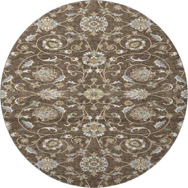 HomeRoots 8' Chocolate Ivory and Gray Washable Round Moroccan Rug, UV Protected, Stain Resistant, Durable Design 686804