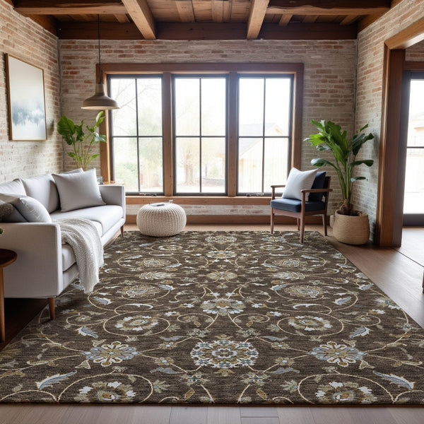 HomeRoots 9' X 12' Moroccan Area Rug in Chocolate, Ivory & Gray - Washable, UV-Protected, Family-Friendly Design 686806