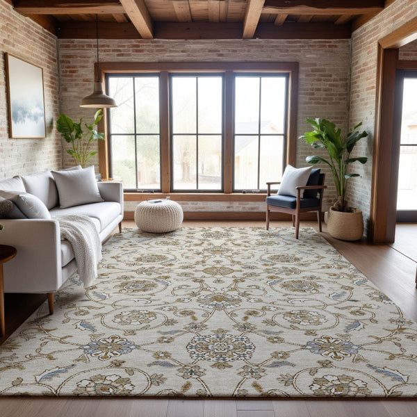 HomeRoots 5' X 8' Ivory Copper Gray Moroccan Area Rug - Washable, Stain Resistant, UV Protected for Durability 686809