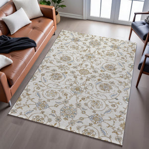HomeRoots 5' X 8' Ivory Copper Gray Moroccan Area Rug - Washable, Stain Resistant, UV Protected for Durability 686809