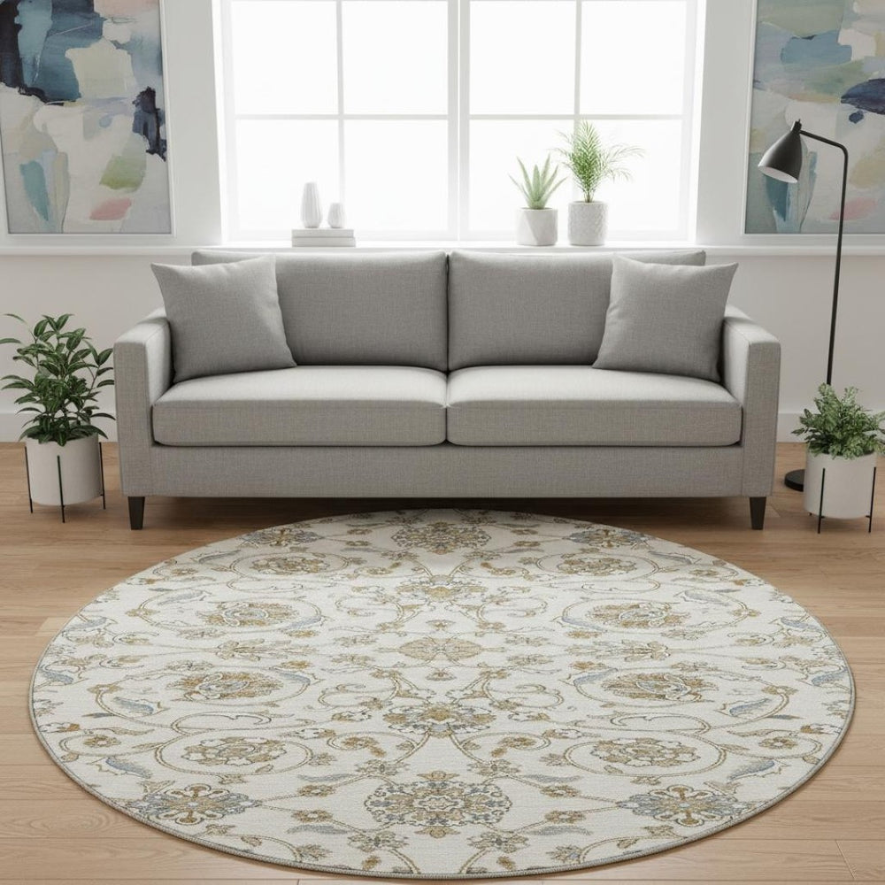 HomeRoots 8' Moroccan Washable Round Rug in Ivory, Copper & Gray - UV Protected, Stain Resistant, Soft & Stylish 686810