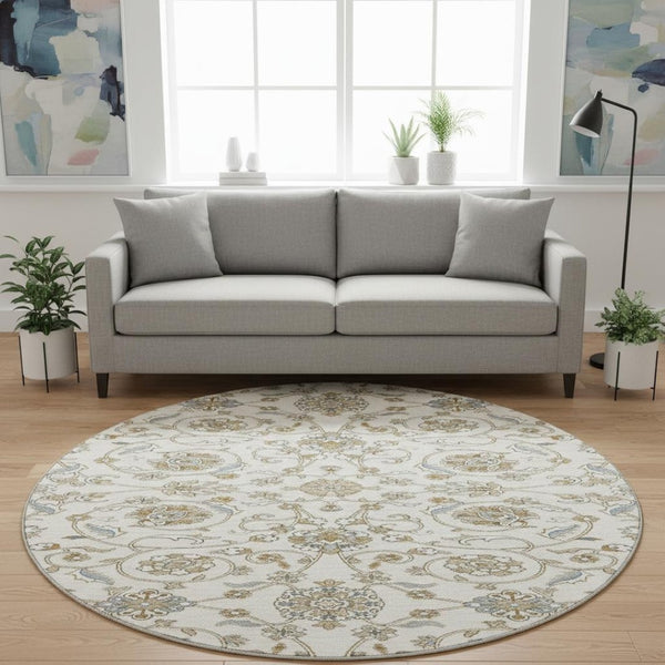 HomeRoots 8' Moroccan Washable Round Rug in Ivory, Copper & Gray - UV Protected, Stain Resistant, Soft & Stylish 686810