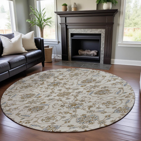 HomeRoots 8' Moroccan Washable Round Rug in Ivory, Copper & Gray - UV Protected, Stain Resistant, Soft & Stylish 686810