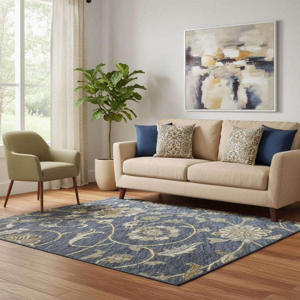 HomeRoots 5' X 8' Moroccan-Inspired Washable Area Rug in Navy Blue, Beige & Ivory – Stain Resistant & UV Protected 686815