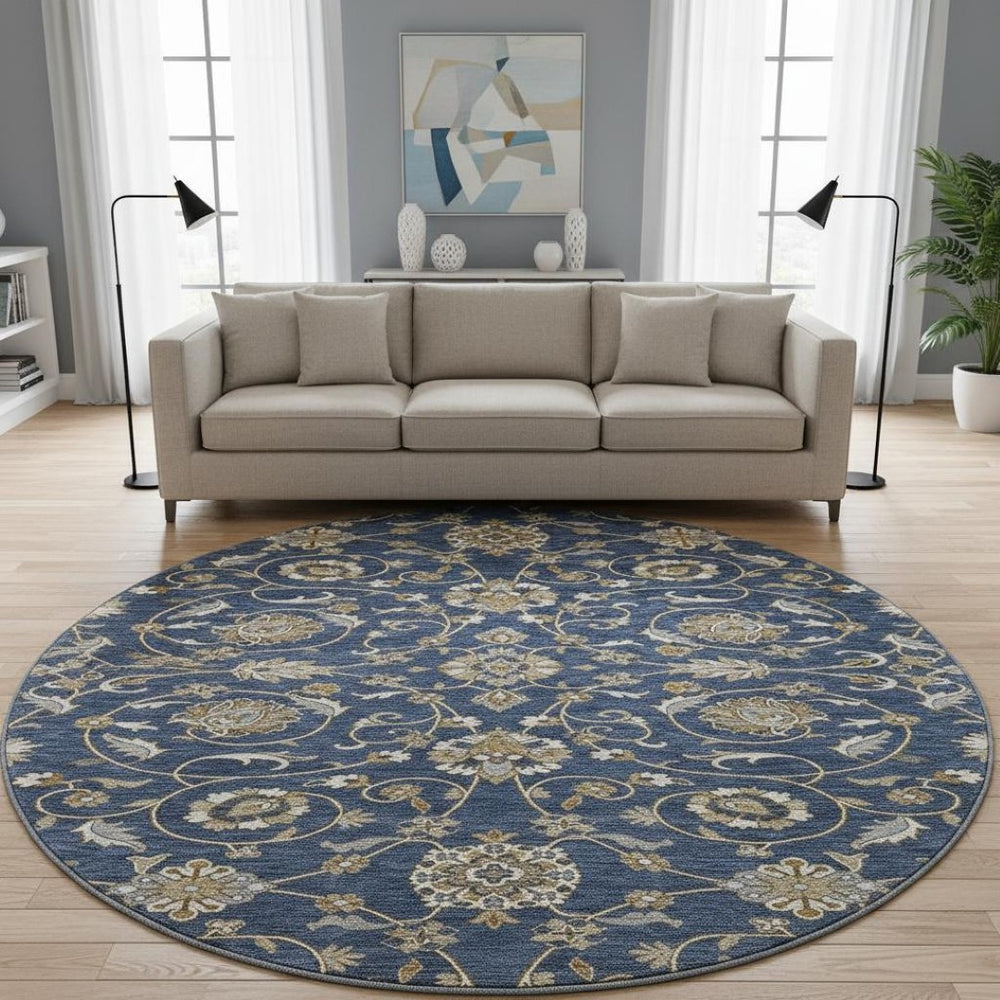 HomeRoots 8' Moroccan-Inspired Washable Round Rug in Navy Blue, Beige & Ivory – UV Protection & Stain Resistant 686816