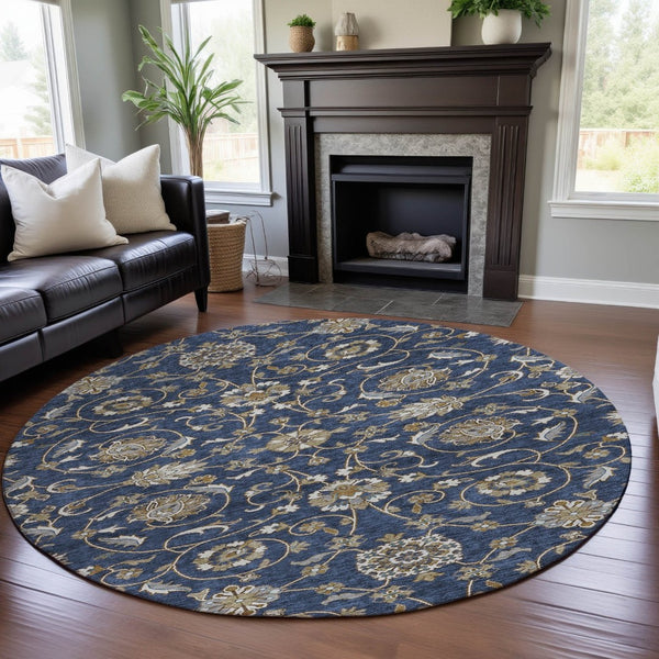 HomeRoots 8' Moroccan-Inspired Washable Round Rug in Navy Blue, Beige & Ivory – UV Protection & Stain Resistant 686816