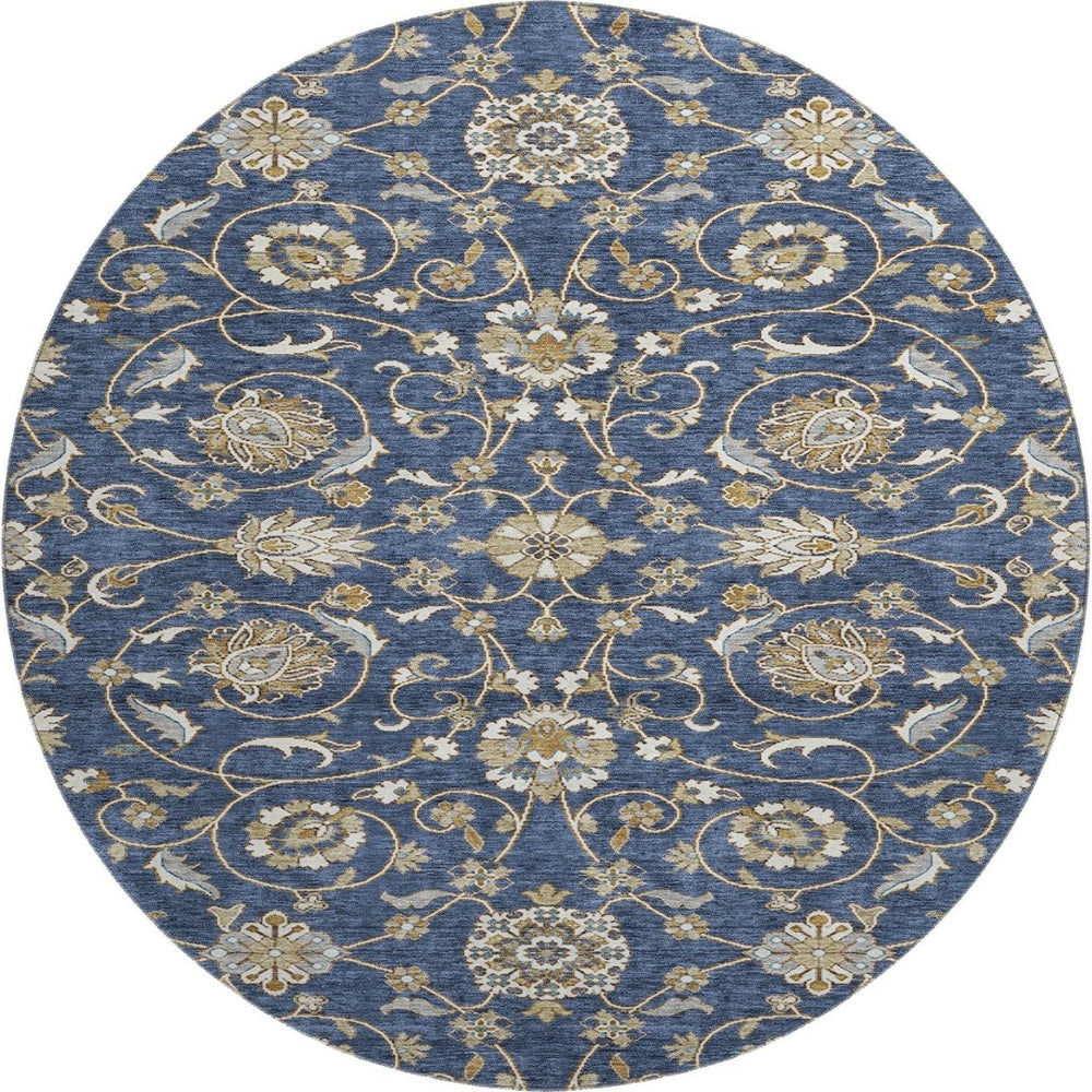 HomeRoots 8' Moroccan-Inspired Washable Round Rug in Navy Blue, Beige & Ivory – UV Protection & Stain Resistant 686816