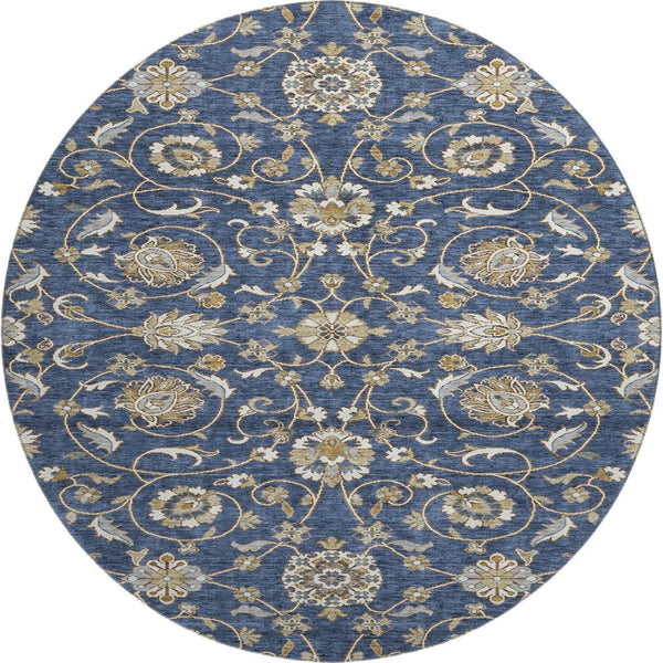 HomeRoots 8' Moroccan-Inspired Washable Round Rug in Navy Blue, Beige & Ivory – UV Protection & Stain Resistant 686816