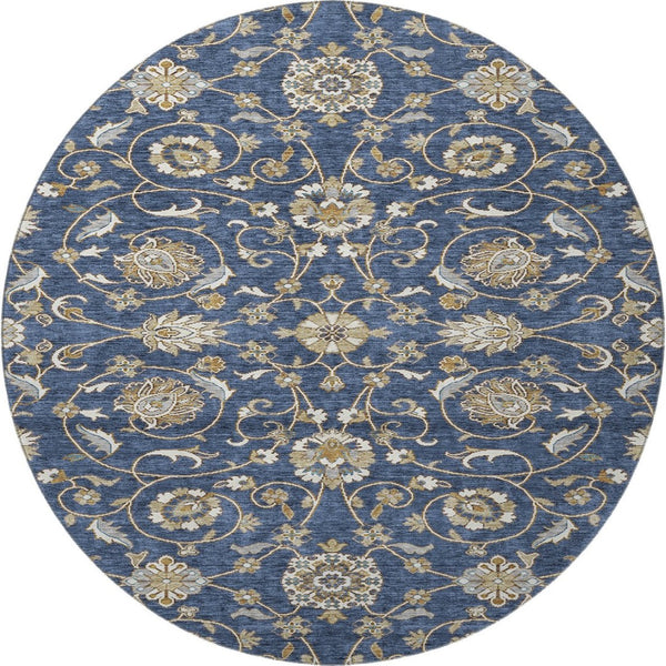 HomeRoots 8' Moroccan-Inspired Washable Round Rug in Navy Blue, Beige & Ivory – UV Protection & Stain Resistant 686816