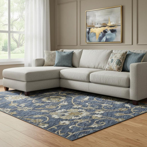 HomeRoots 8' X 10' Navy Blue Beige Ivory Moroccan Area Rug - Washable, UV Protected, Durable for Busy Homes 686817