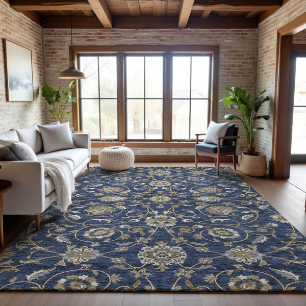 HomeRoots 10' X 14' Moroccan-Inspired Washable Area Rug in Navy, Beige & Ivory – UV Protected for Durability! 686819