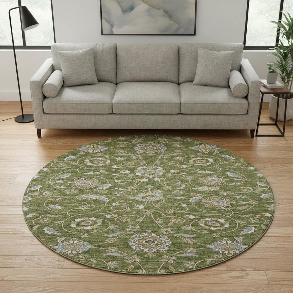 HomeRoots 8' Olive Green Gray Beige Moroccan Round Rug - Durable, Stain-Resistant, UV-Protected for Versatile Spaces 686822