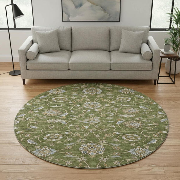 HomeRoots 8' Olive Green Gray Beige Moroccan Round Rug - Durable, Stain-Resistant, UV-Protected for Versatile Spaces 686822