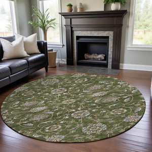 HomeRoots 8' Olive Green Gray Beige Moroccan Round Rug - Durable, Stain-Resistant, UV-Protected for Versatile Spaces 686822