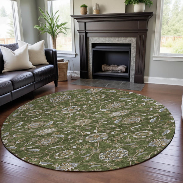 HomeRoots 8' Olive Green Gray Beige Moroccan Round Rug - Durable, Stain-Resistant, UV-Protected for Versatile Spaces 686822
