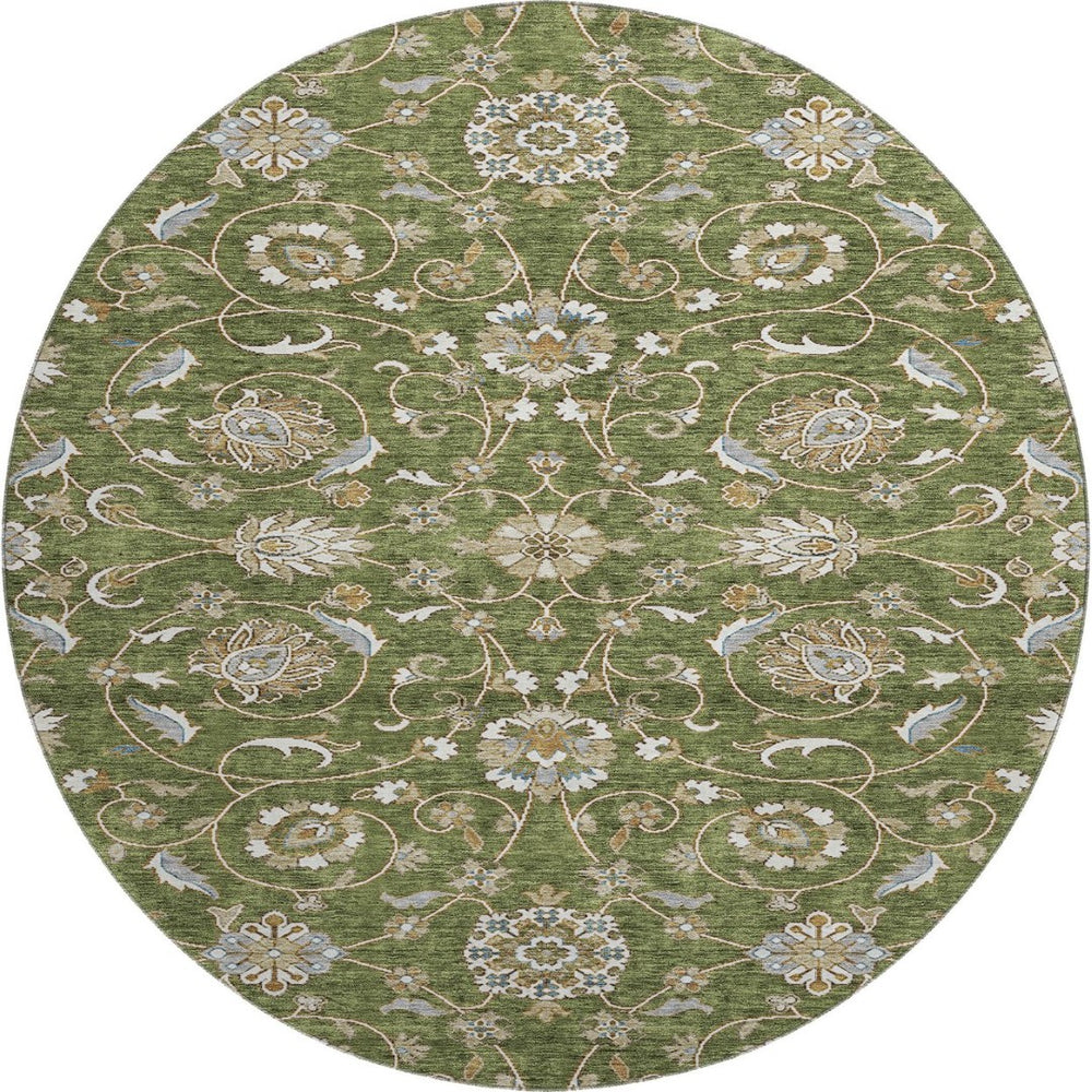 HomeRoots 8' Olive Green Gray Beige Moroccan Round Rug - Durable, Stain-Resistant, UV-Protected for Versatile Spaces 686822