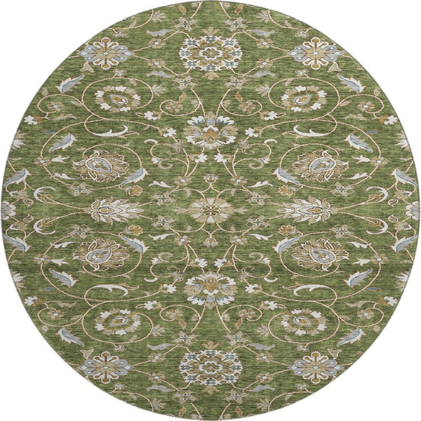 HomeRoots 8' Olive Green Gray Beige Moroccan Round Rug - Durable, Stain-Resistant, UV-Protected for Versatile Spaces 686822