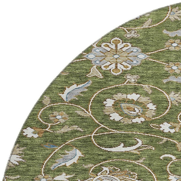 HomeRoots 8' Olive Green Gray Beige Moroccan Round Rug - Durable, Stain-Resistant, UV-Protected for Versatile Spaces 686822