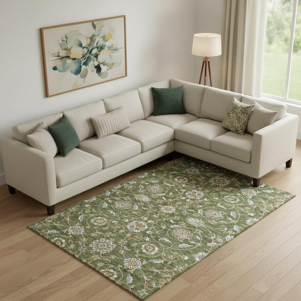HomeRoots 9' X 12' Moroccan-Inspired Washable Area Rug in Olive Green, Gray, and Beige with UV Protection 686824