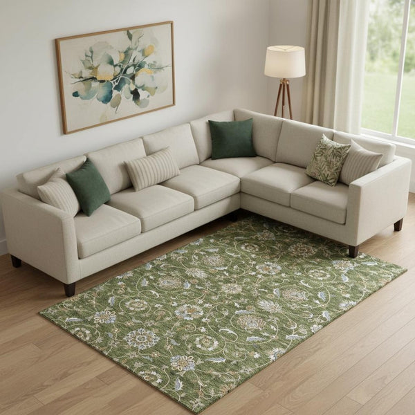 HomeRoots 9' X 12' Moroccan-Inspired Washable Area Rug in Olive Green, Gray, and Beige with UV Protection 686824