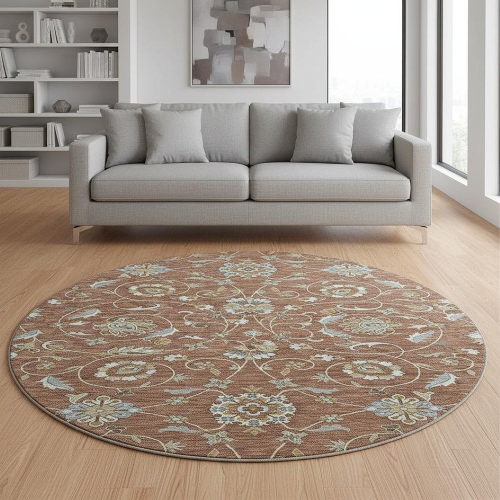 HomeRoots 8' Stylish Rust Gray and Ivory Moroccan Round Rug – Washable, UV Protected, Ideal for High-Traffic Areas 686828