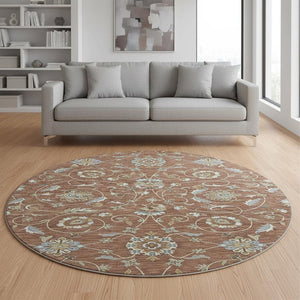 HomeRoots 8' Stylish Rust Gray and Ivory Moroccan Round Rug – Washable, UV Protected, Ideal for High-Traffic Areas 686828