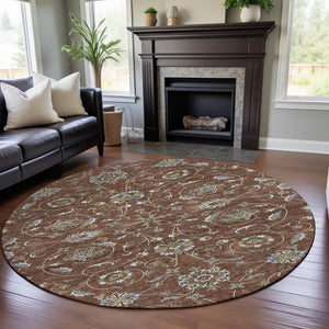 HomeRoots 8' Stylish Rust Gray and Ivory Moroccan Round Rug – Washable, UV Protected, Ideal for High-Traffic Areas 686828